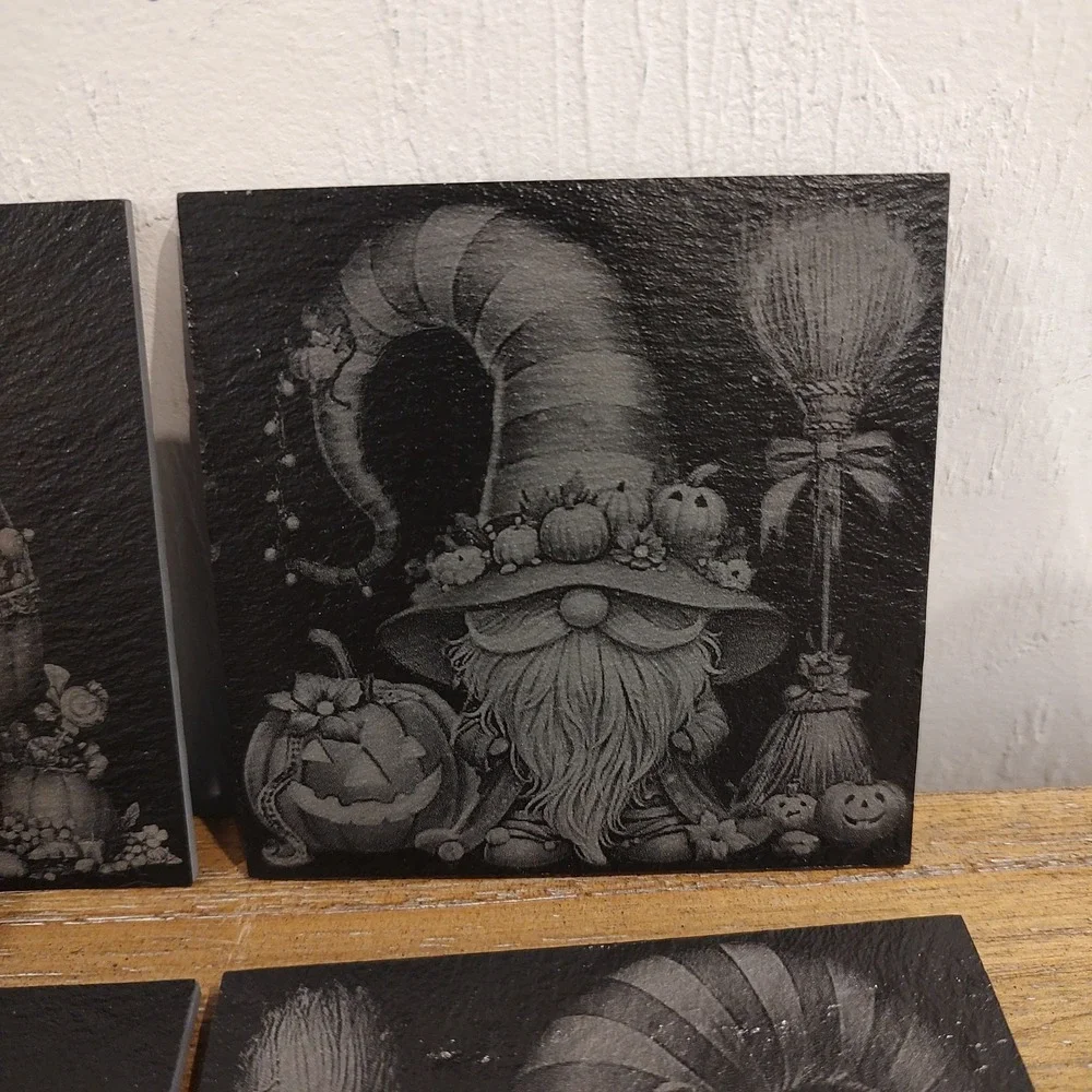 Laser Engraved Slate Coasters Halloween Fall Gnome Holiday Theme Set Of 4